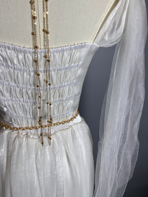 White Fantasy Tulle Dress with Draped Sleeves and Celestial Belt – Greek Goddess Dress Plus Size